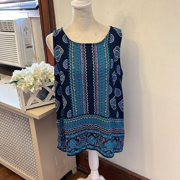 Cynthia Rowley blue purple print button back sleeveless blouse Size M EUC - Picture 2 of 9